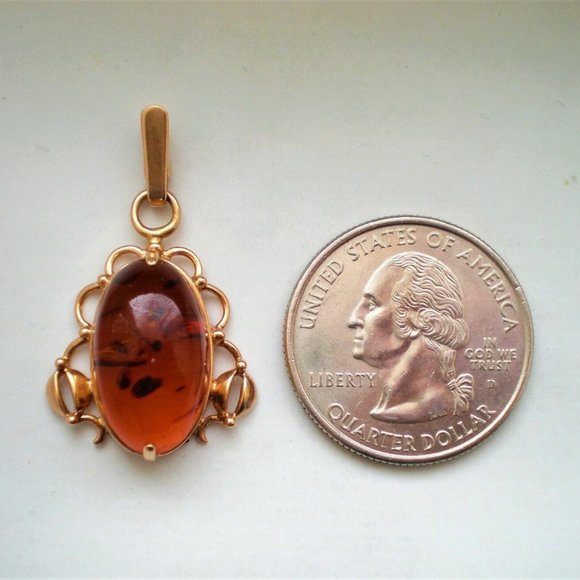Vintage Russian Soviet USSR 14K 583 Rose Pink Gold Baltic Honey AMBER PENDANT - Picture 2 of 4